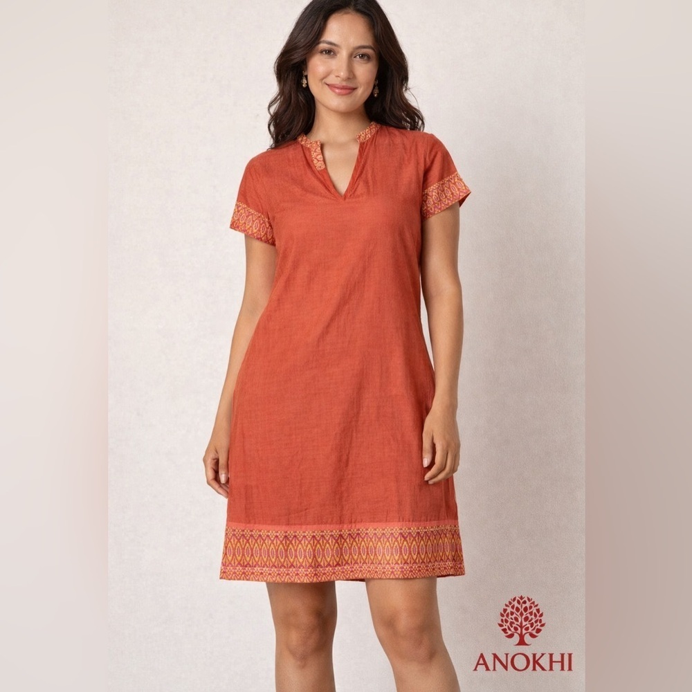 Anokhi Cotton Silk Blend Dress Medium Boho Shift Orange Printed Trim
